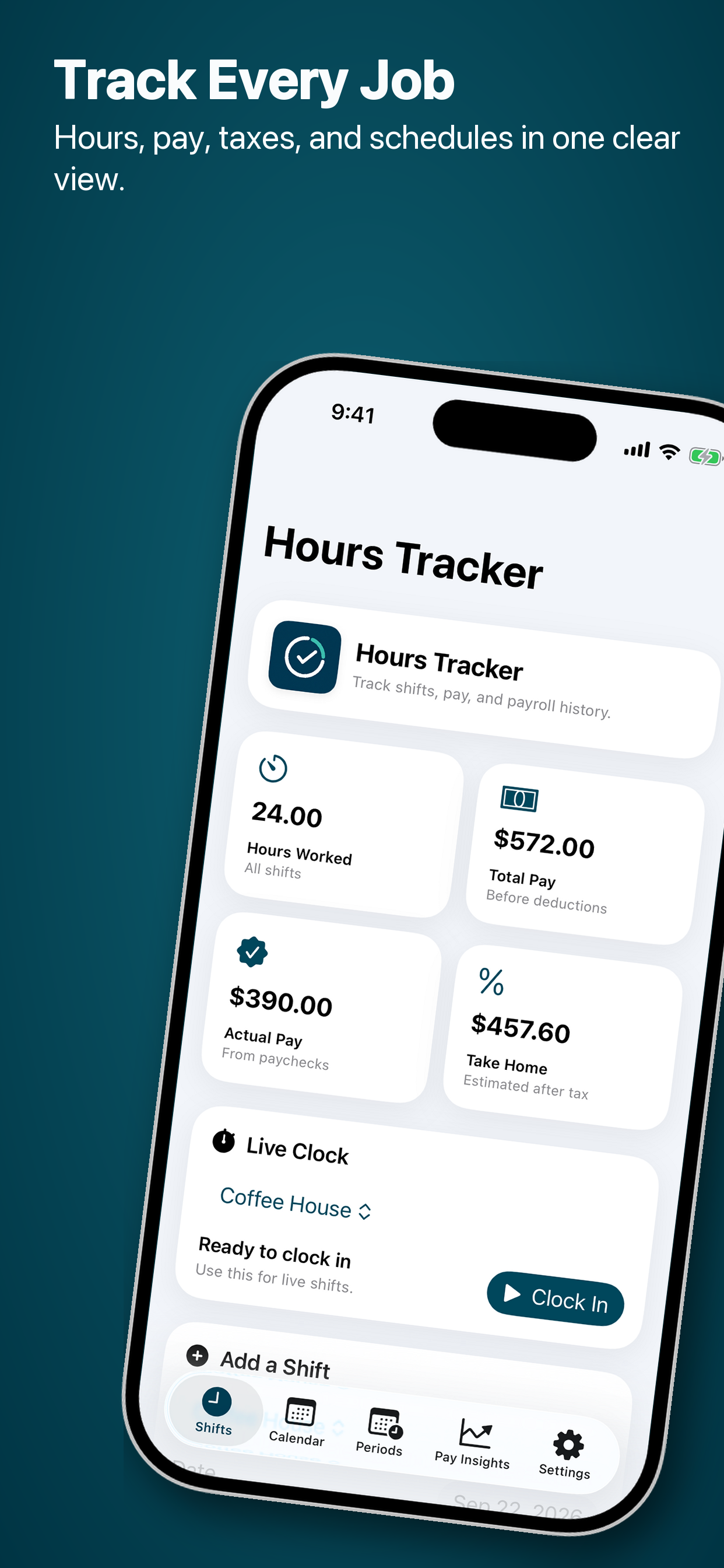 Hours Tracker dashboard showing jobs, hours, pay, taxes, and schedules