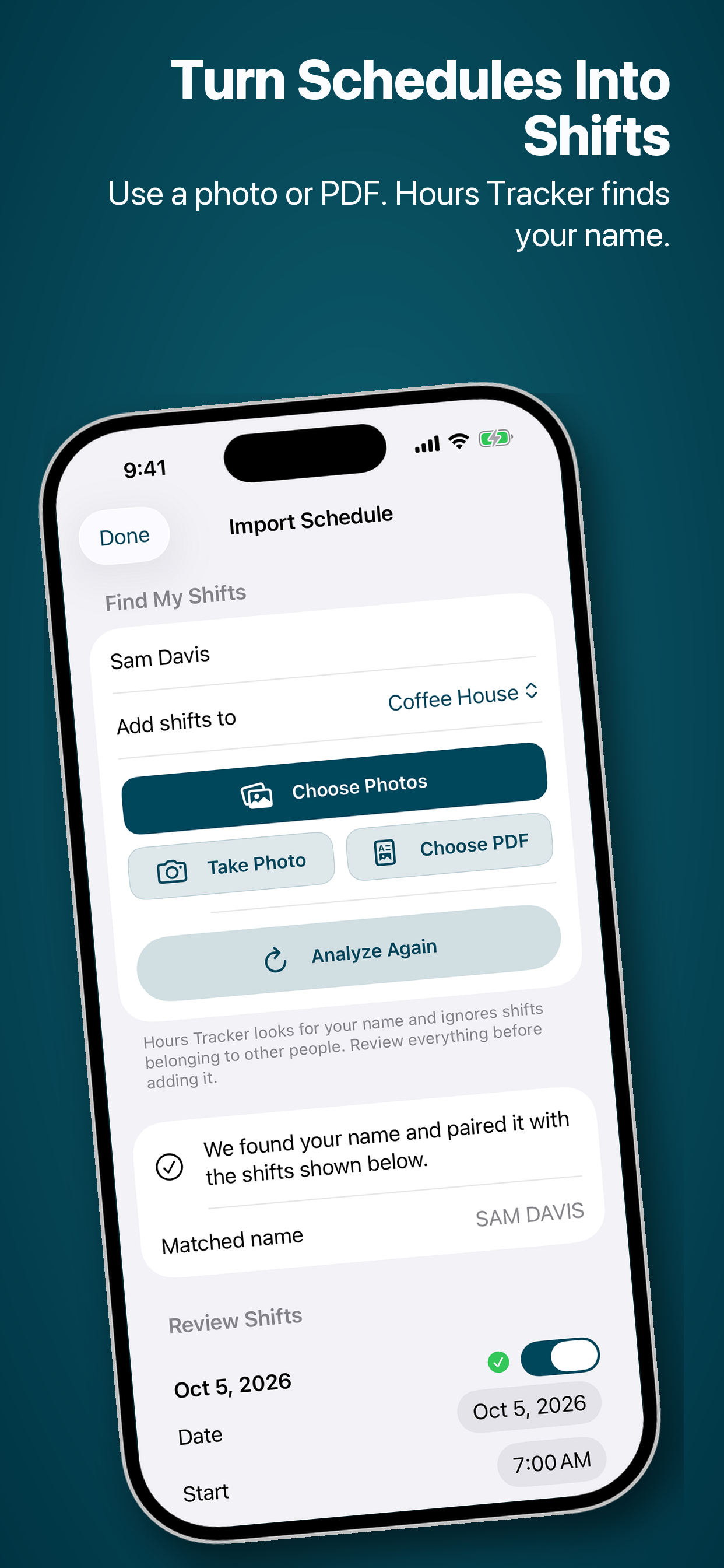 Hours Tracker schedule import preview